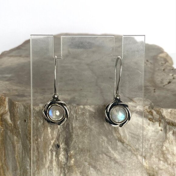 Sterling Silver 925 Round Floral Moonstone Drop Dangle Earrings - Picture 1 of 16